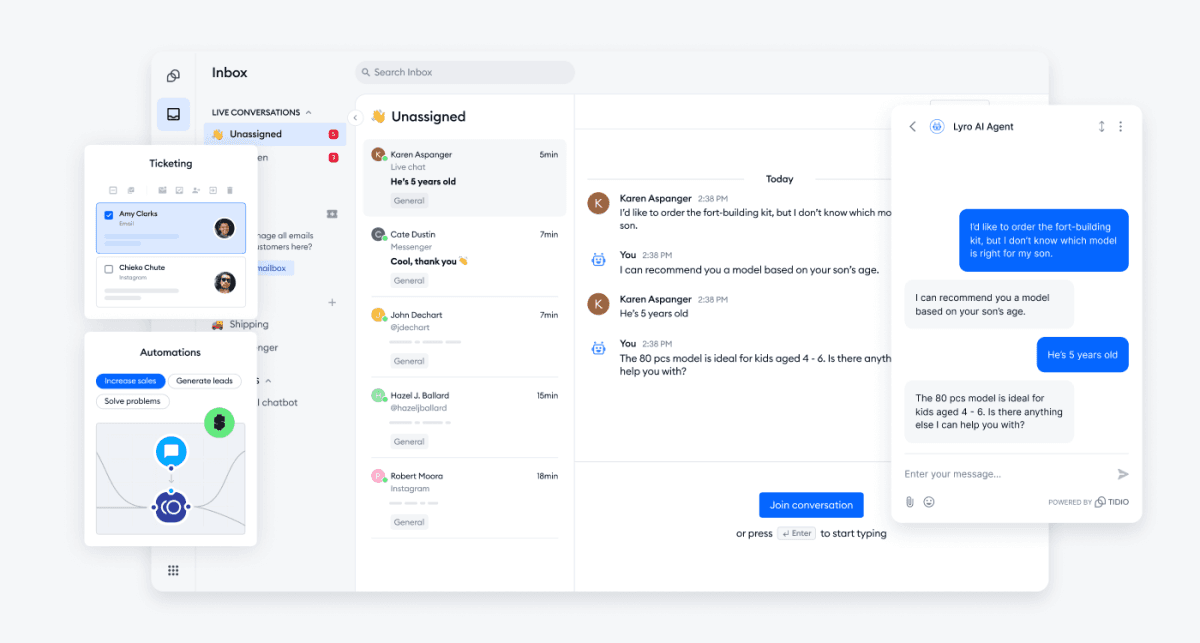 Tidio inbox interface showing live chats, automation panel, unassigned tickets, and AI agent recommending products.