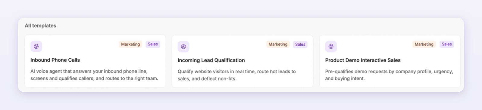 Three Spara agent templates: inbound phone calls, incoming lead qualification, and product demo interactive sales