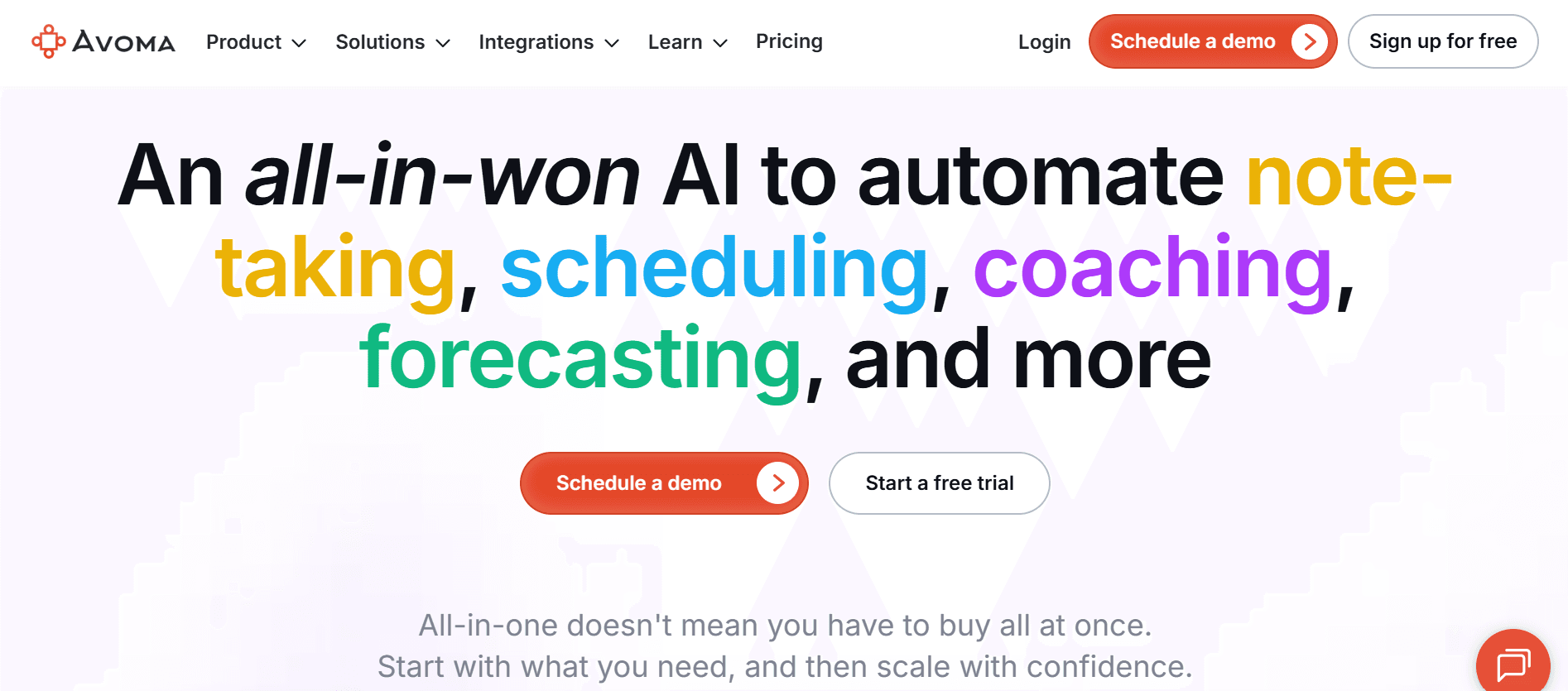 Avoma homepage highlighting an all-in-one AI platform for note-taking, scheduling, coaching, forecasting, and sales insights
