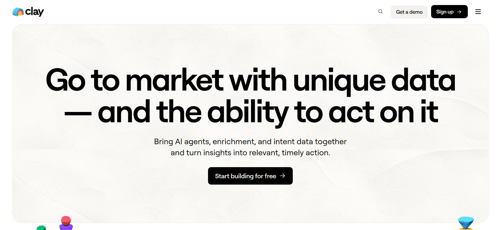 Clay homepage promoting AI agents, data enrichment, and intent data to help teams act on insights and go to market faster