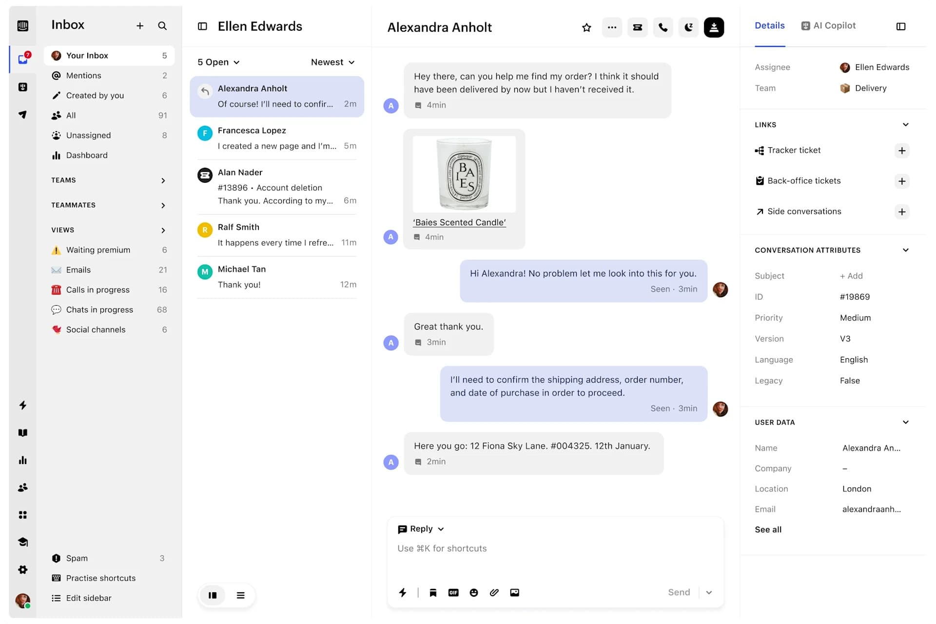 Intercom inbox interface showing customer chat thread, ticket details, and support agent response panel.