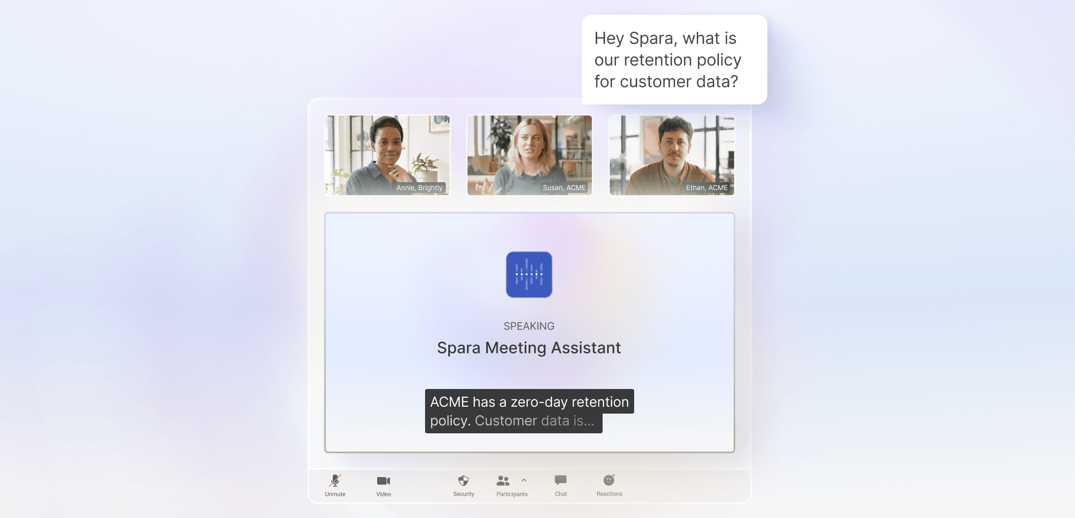 Spara Meeting Assistant providing a real-time answer about customer data retention in a video