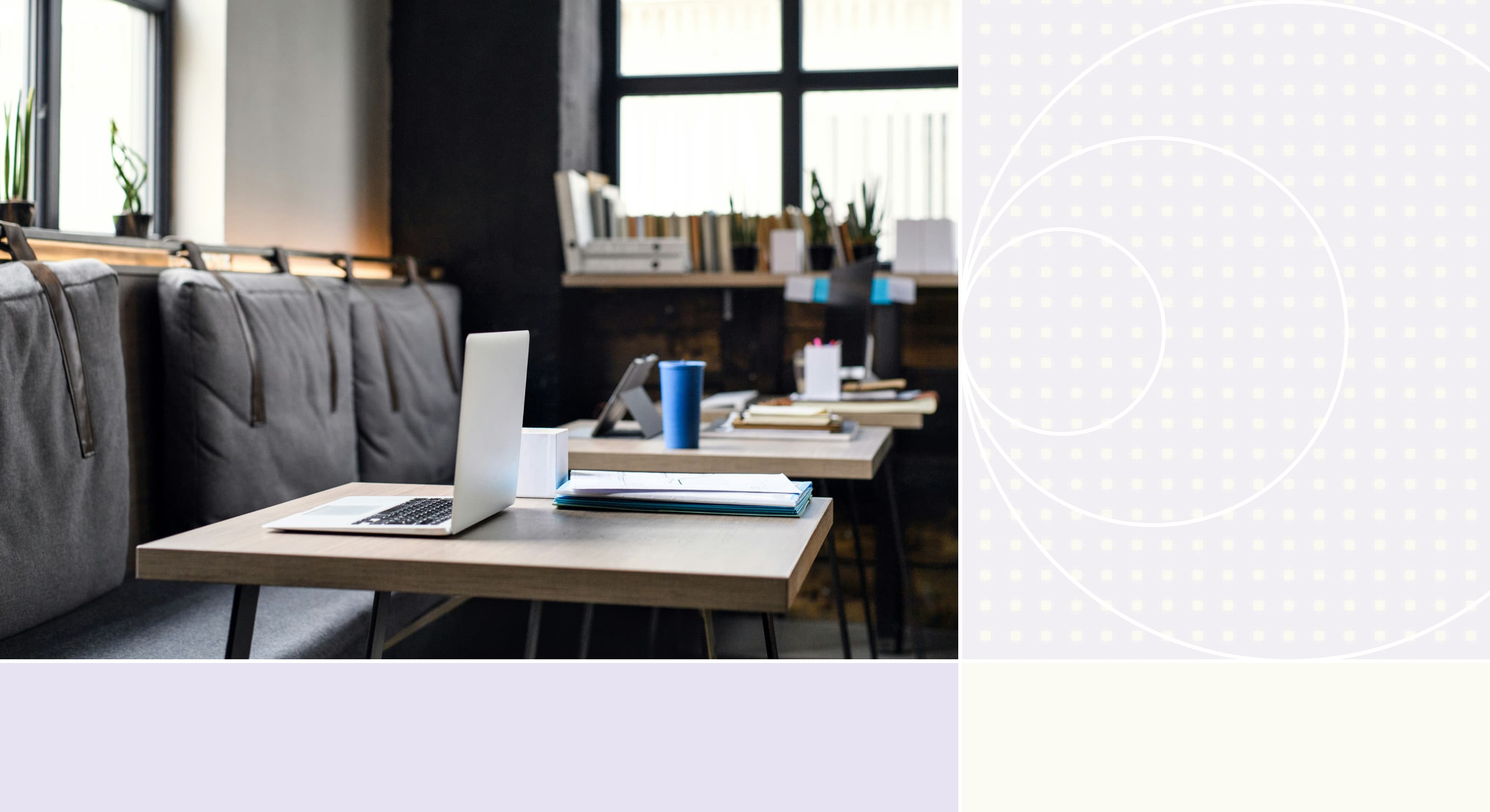 image of a laptop sitting on a desk with papers and a cup with patterned background