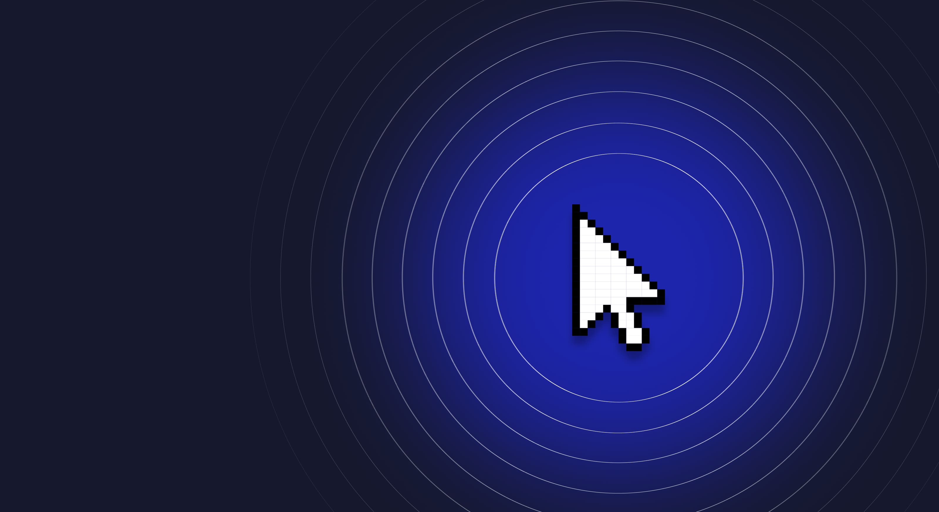 Pixelated white cursor on a dark blue background with concentric circles.
