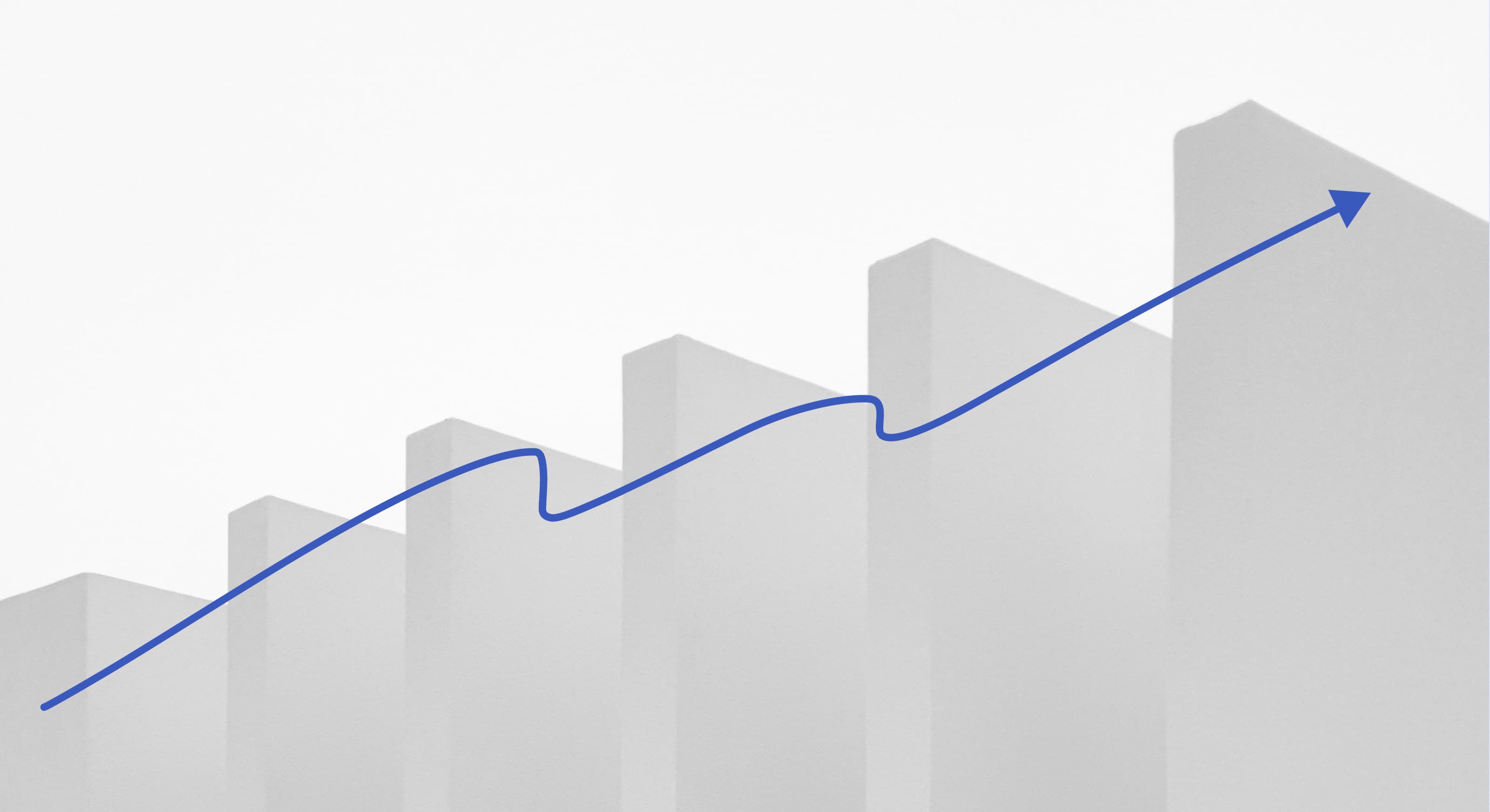 A blue arrow follows an upward trend over a series of ascending, translucent bar graphs, symbolizing growth or progress.