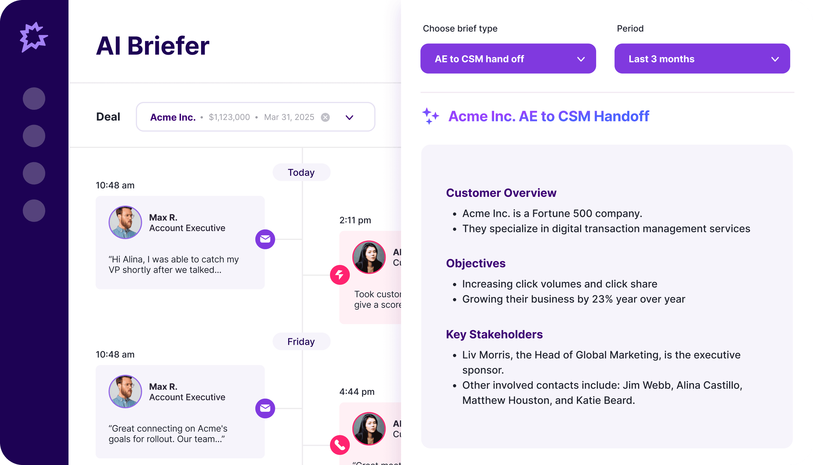 Gong customer data AI Briefer displaying key insights from customer conversations