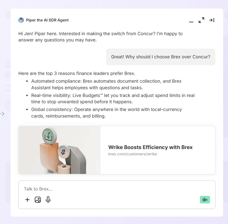 Alt text: Piper AI SDR Agent chat interface showing automated conversation answering a question about switching from Concur to Brex