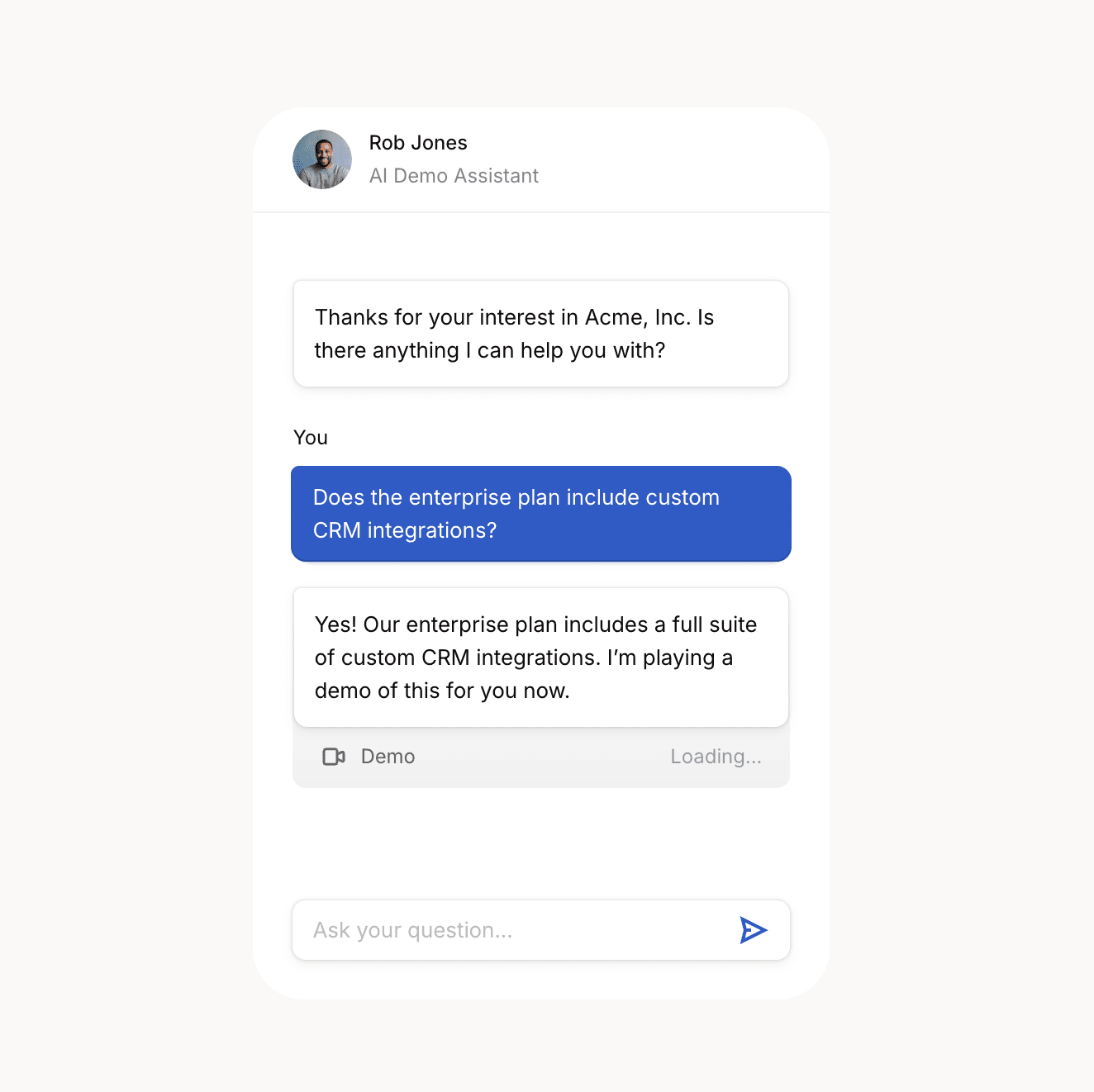 Alt text: AI chat interface answering a buyer question about enterprise CRM integrations in real time