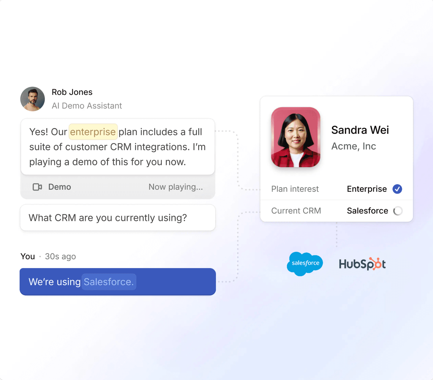 Alt text: Inbound automation example where an AI assistant qualifies a buyer and routes CRM data to Salesforce and HubSpot