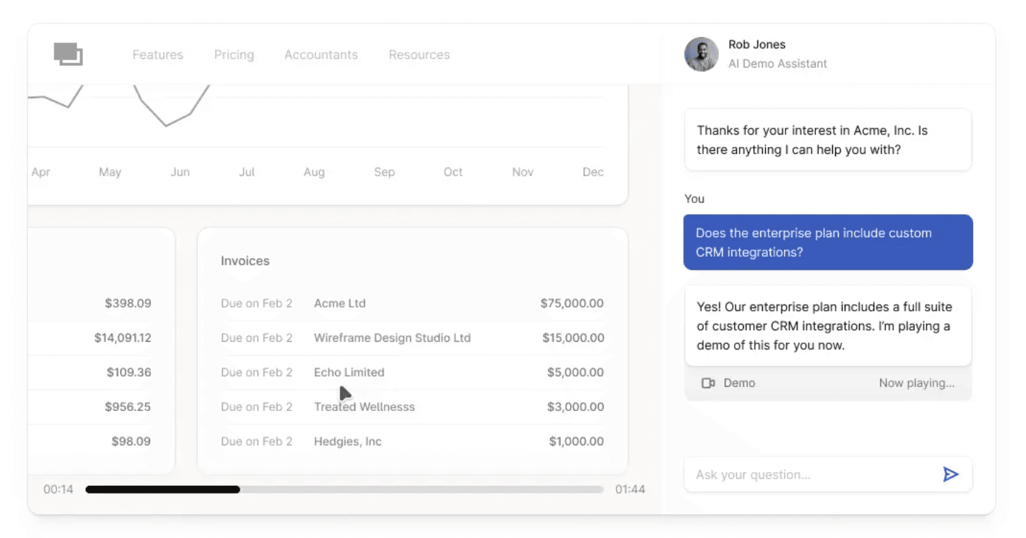 Alt text: Product dashboard with an AI chat assistant answering a question about enterprise plan custom CRM integrations in live demo