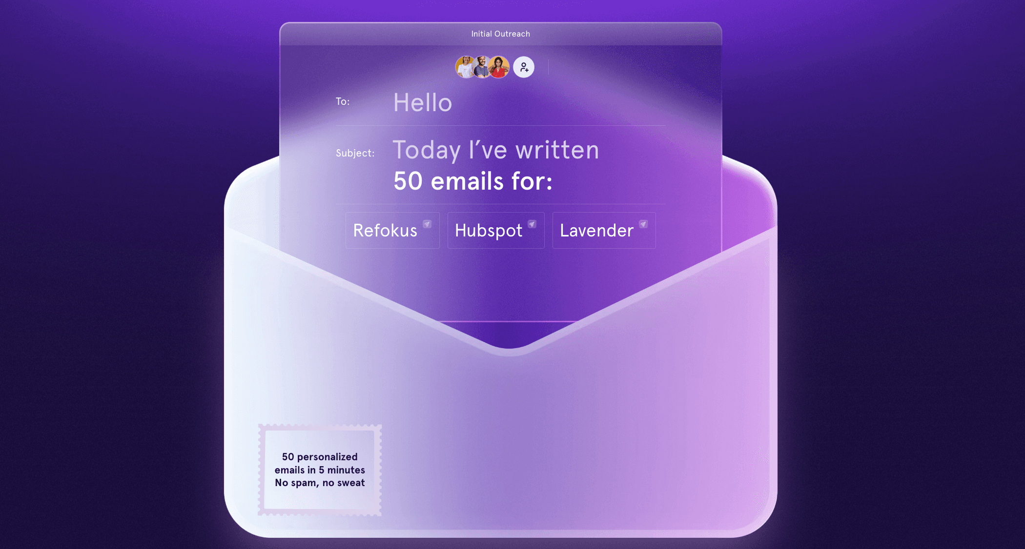 Illustration of an open envelope with a digital letter displaying "Today I've written 50 emails for: Refokus, Hubspot, Lavender" on a purple background.