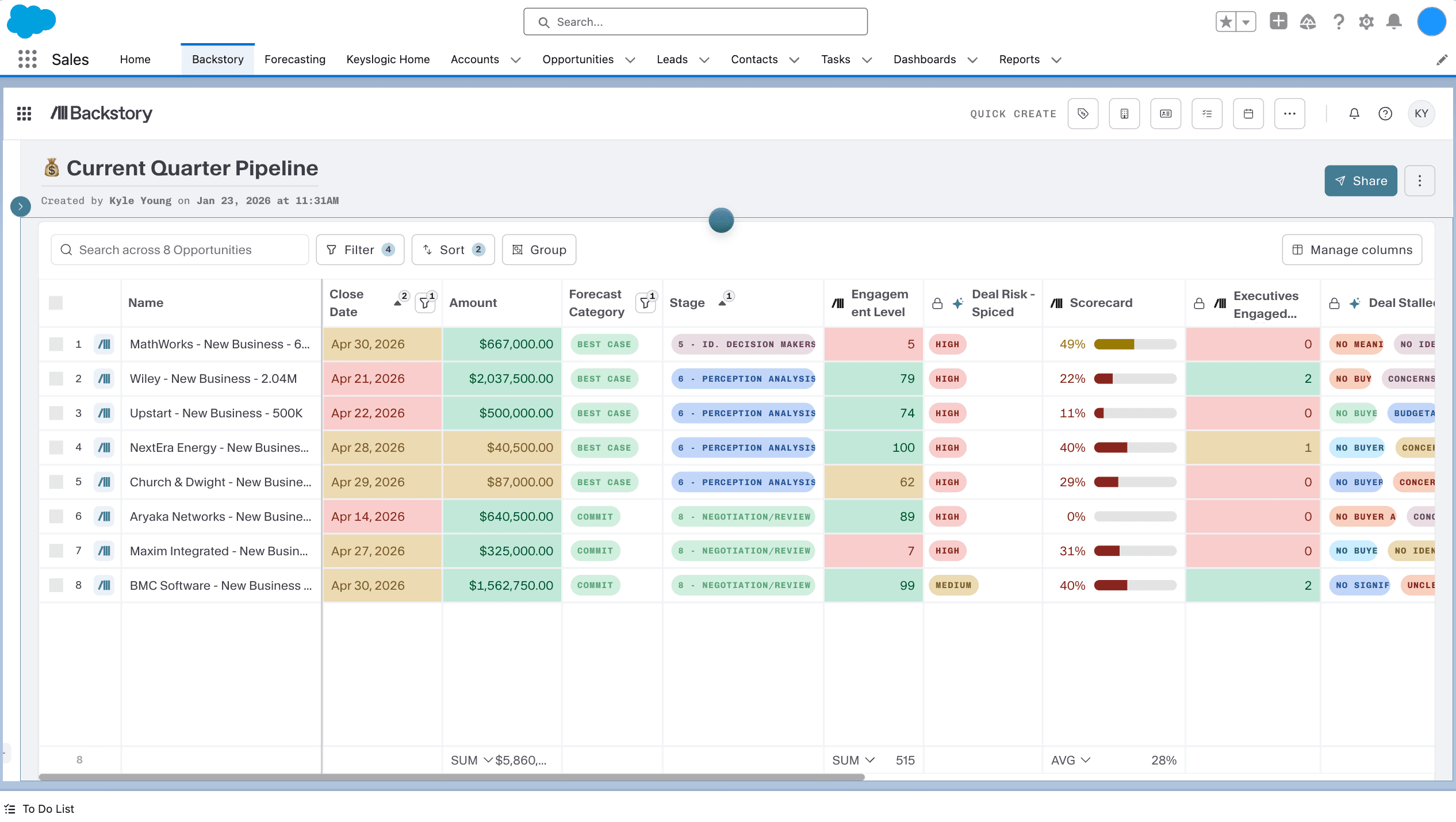 Backstory's App UI showing the current quarter pipeline
