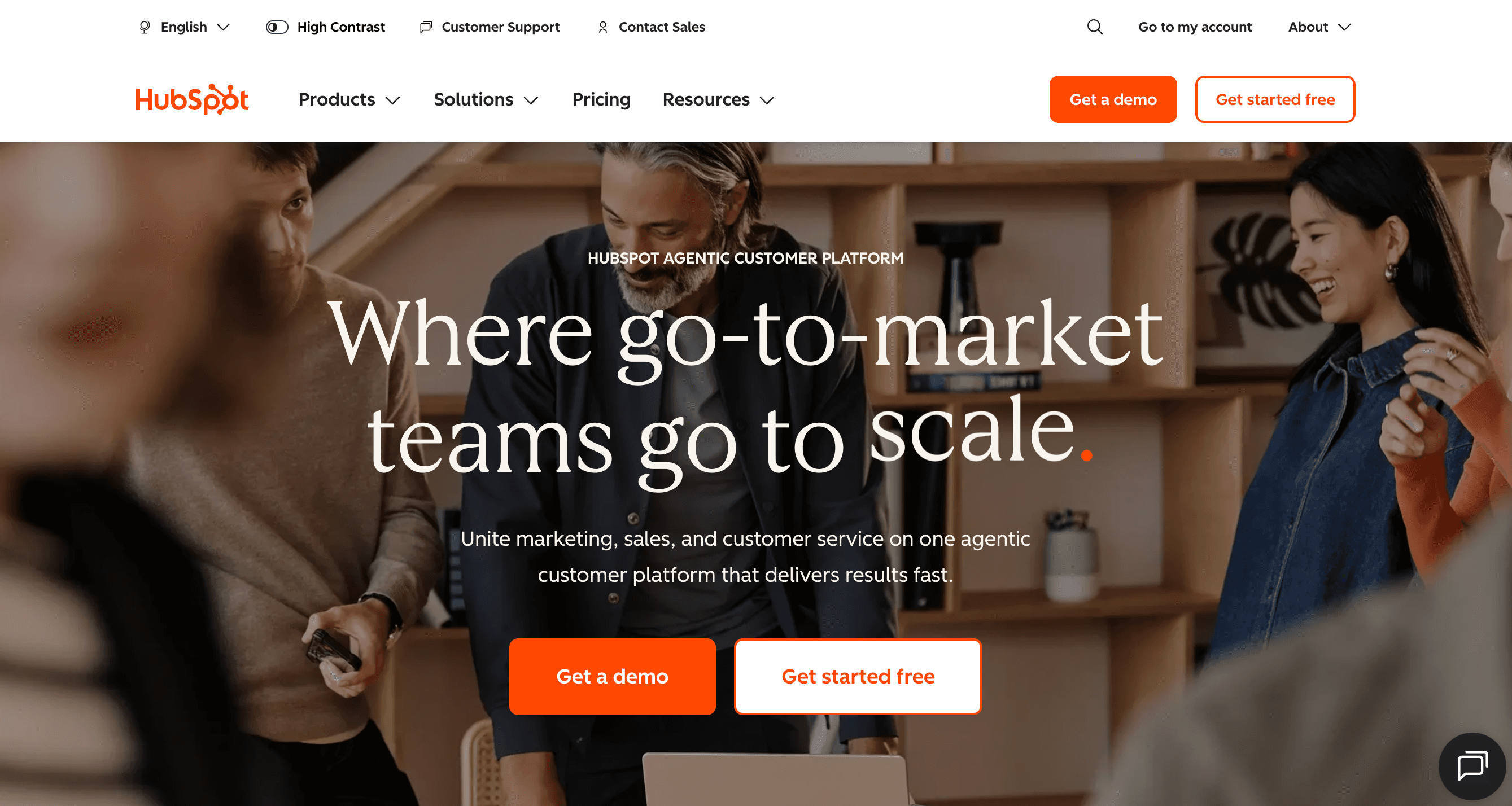 Screenshot of Hubspot's website homepage header with the text where go to market teams go to scale