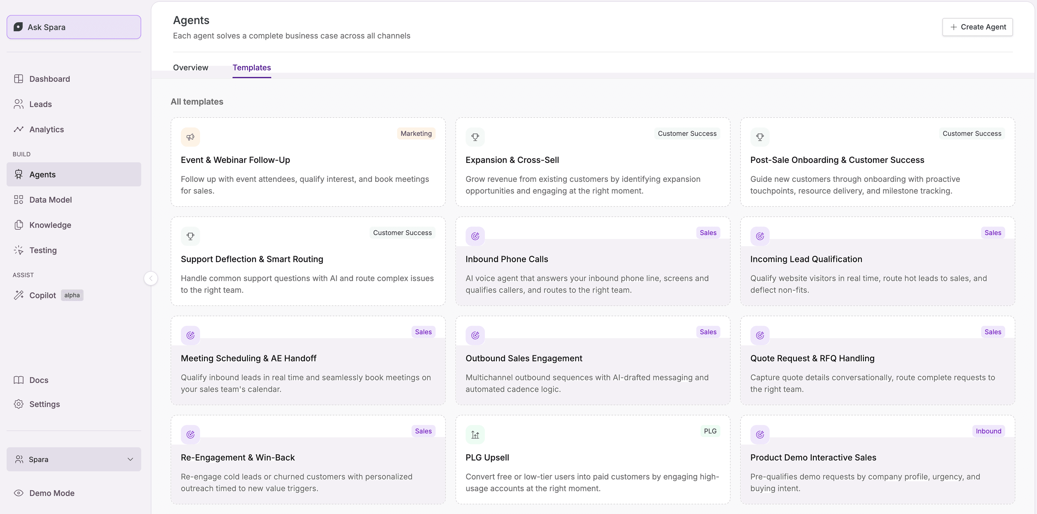 Screenshot of Spara's app UI showing the different agent templates you can build with Spara