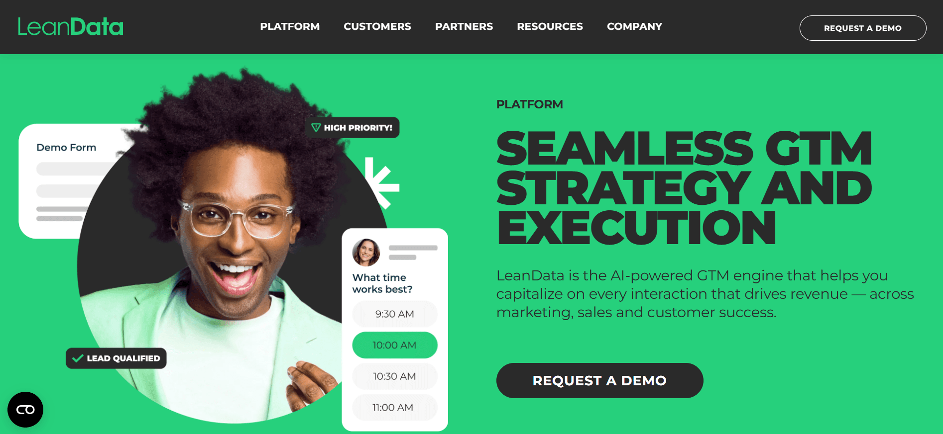 LeanData GTM platform page showing demo request form, lead qualification, and AI scheduling functionality