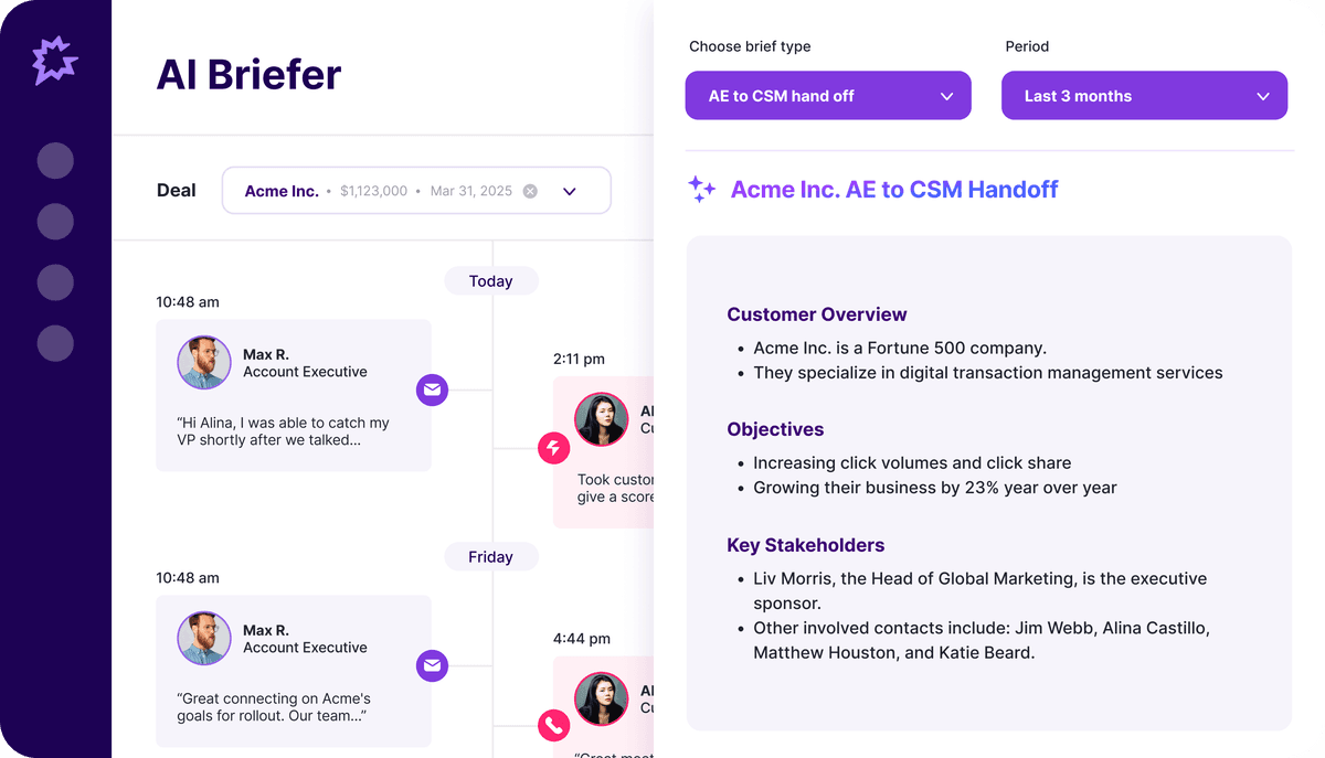 Gong customer data AI Briefer displaying key insights from customer conversations