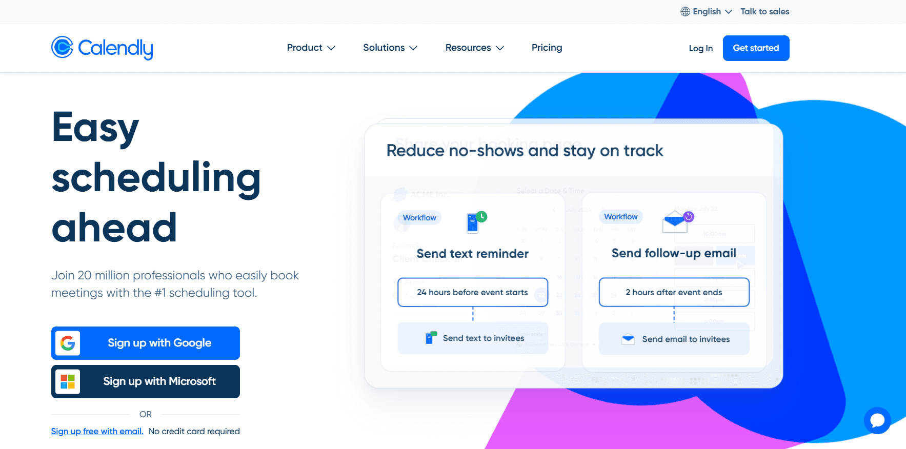 Calendly scheduling platform page showing automated meeting booking features to reduce no-shows and streamline scheduling