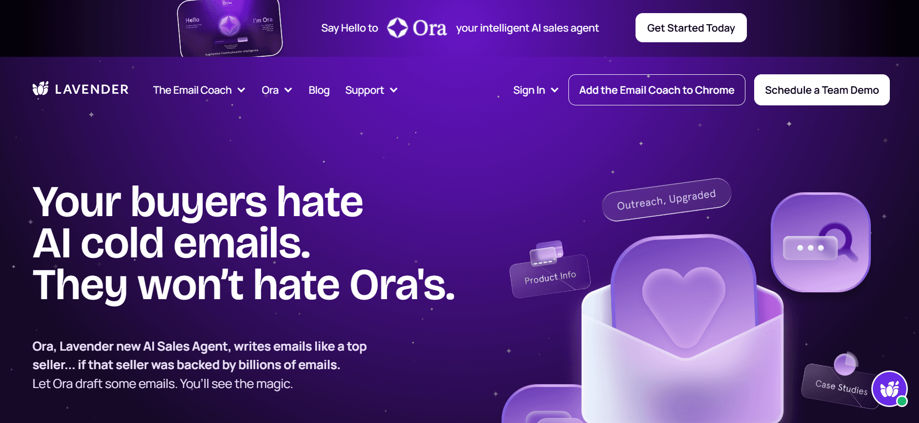 Lavender homepage promoting its AI sales email agent that helps teams write personalized cold emails