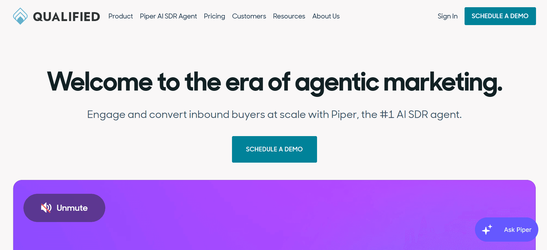 Qualified's homepage promoting Piper AI SDR agent to engage inbound buyers and schedule demos with AI-powered conversations