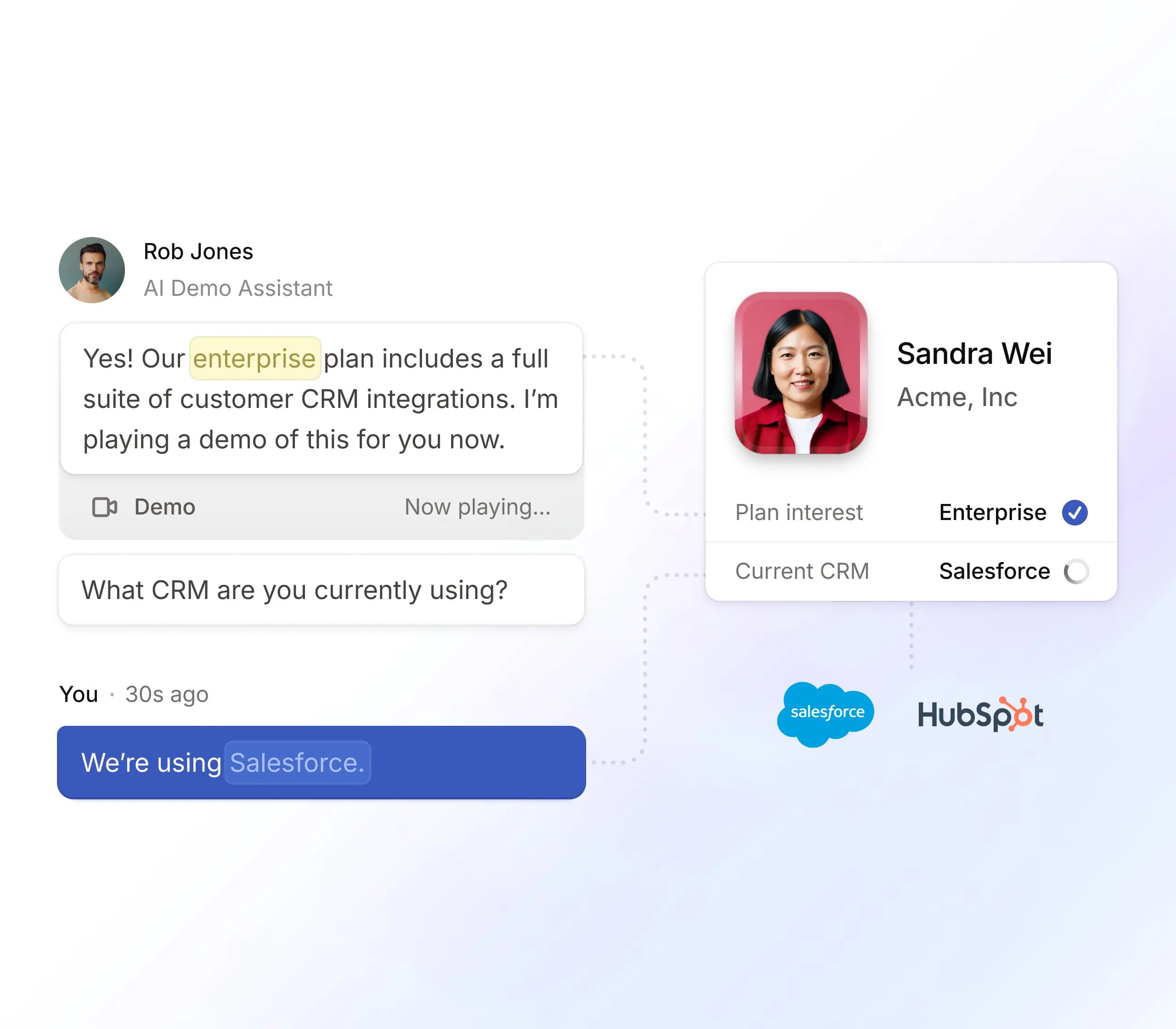 Spara's AI demo assistant qualifies a lead, captures CRM details, and syncs enterprise interest with Salesforce and HubSpot